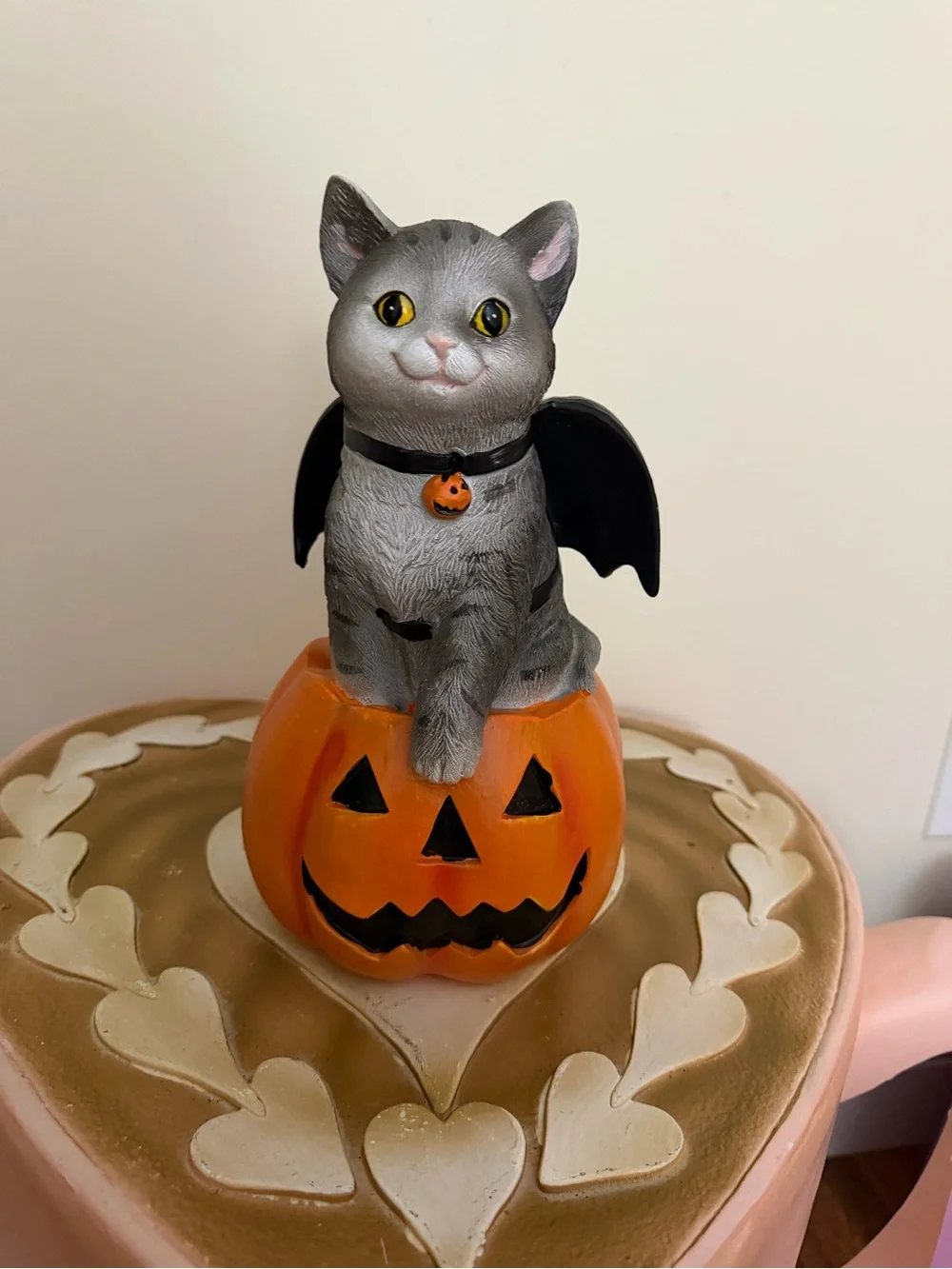 Resin Halloween Cat with Bat Wings on Pumpkin
